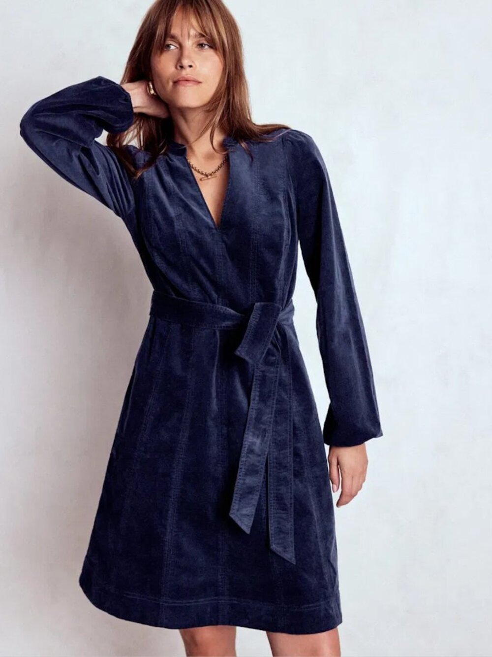 Boden Long Sleeve Navy Blue Corduroy V-Neck Belted Mini Dress Pockets, size 10L